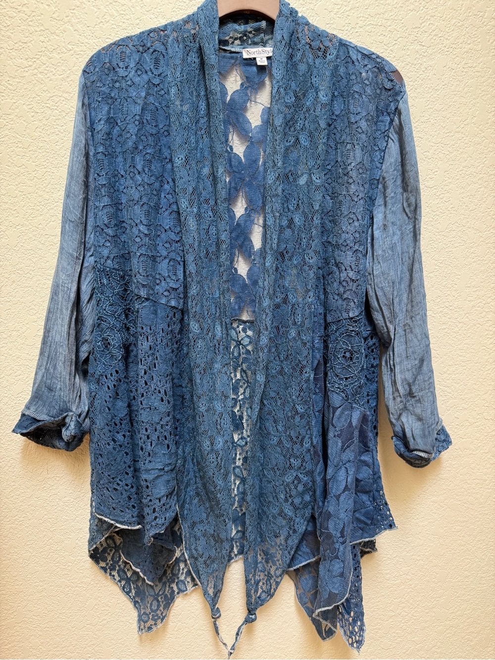 North Style Blue Lace Drape Cardigan Boho Open Front Medium